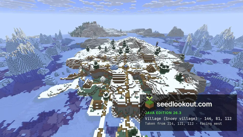 Snowy village on a white island with dirt cliffs, surrounded by frozen sea and pale blue icebergs