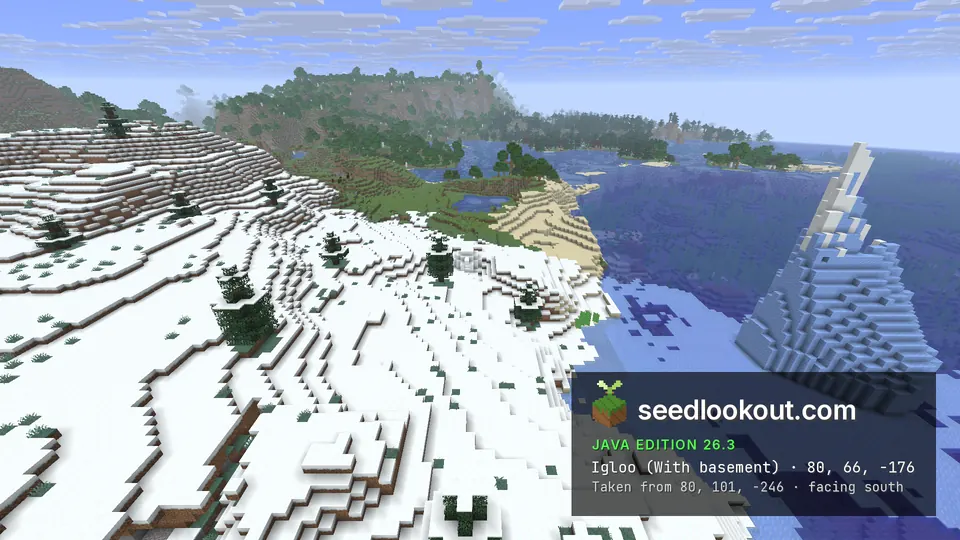 Small white igloo on snowy slopes above a sandy beach, a tall iceberg in the bay and wooded hills behind