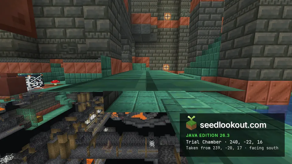 Trial chamber hall of tuff brick and copper with a green copper walkway above a cave
