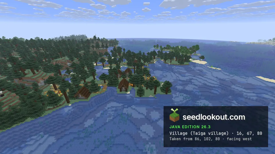 Taiga village on a wooded point reaching out into wide blue water