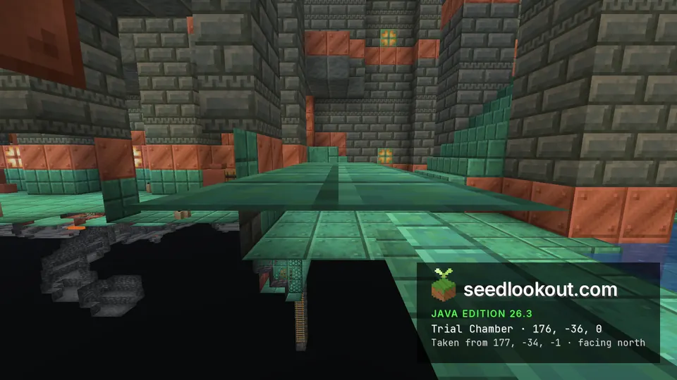 Cutaway of a trial chamber with a green copper floor and tuff brick walls above a dark cave