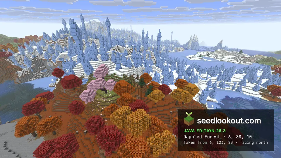 Red and orange trees with a few pink cherry trees on a shore, a huge field of blue ice spikes behind