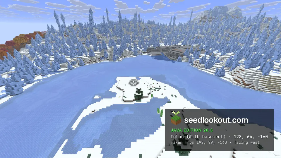 Small igloo on a snowy islet in ice-covered water, a field of blue ice spikes and red trees behind