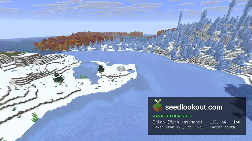 Igloo and a spruce tree on a snowy islet in frozen water, red trees and ice spikes on the far shore