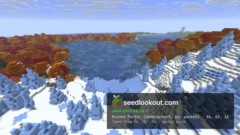 Lake ringed by red and orange trees on the far side, with blue ice spikes in the foreground
