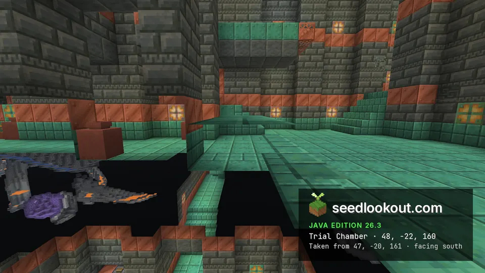 Cutaway underground view of copper and tuff brick walls with a green copper floor, cave rock to the left