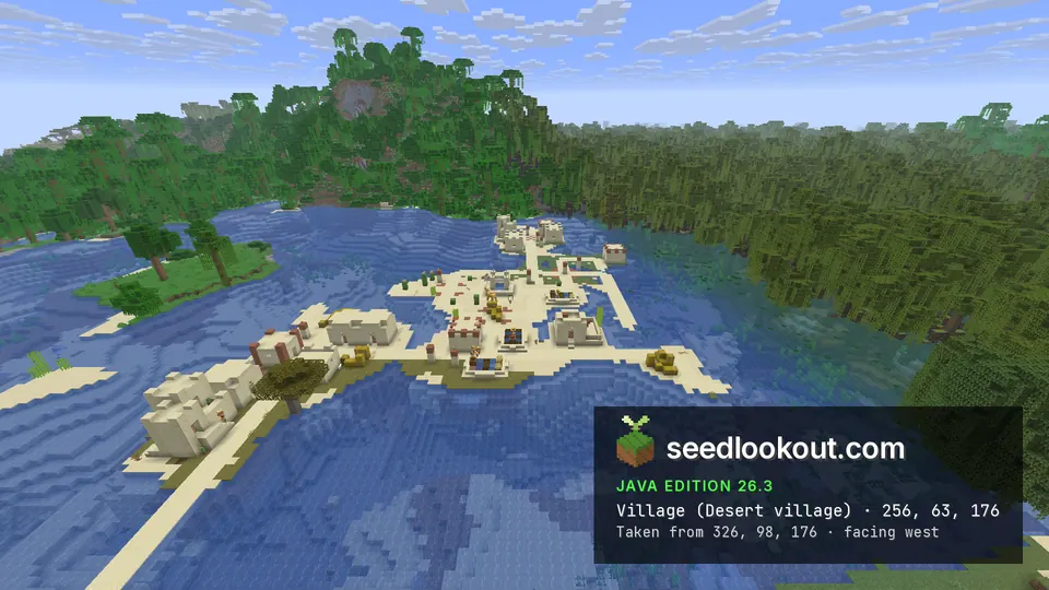 Sandstone village on sand spits in a blue bay, a grassy islet with jungle trees and jungle hills behind