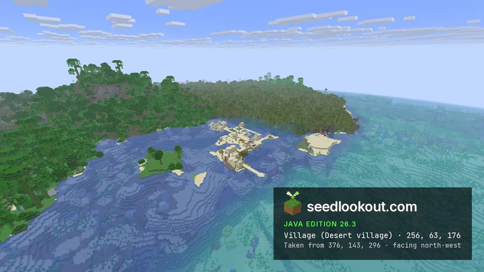 Wide view of a sandy village in a bay ringed by dense jungle hills, open sea on the right