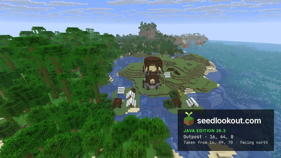 Dark wood pillager tower with white tents on a grassy knoll, jungle trees on the left and the sea on the right