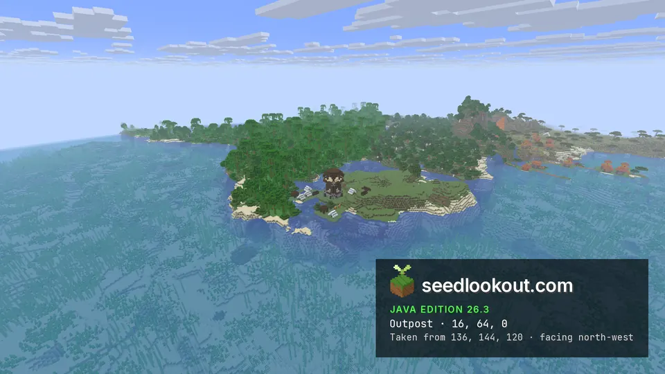 Small green jungle island with a dark tower on it in a wide turquoise sea