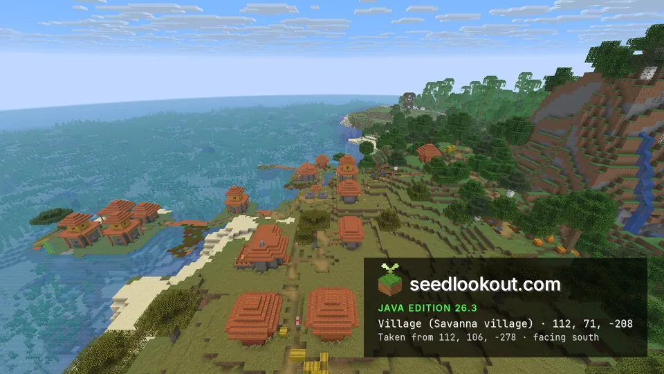 Savanna village houses on a grassy slope along a sandy shore, with the sea on the left and a hill on the right