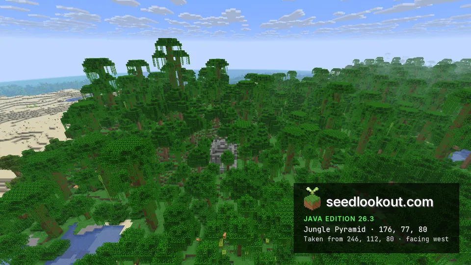 Mossy stone jungle temple in a gap in dense jungle canopy, sandy ground to the left and ocean beyond