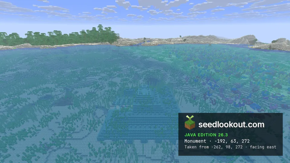 Ocean monument under shallow water with a coral reef on the right, jungle and sandy hills on the far shore
