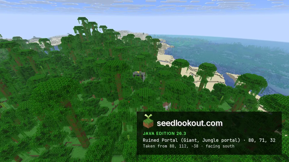 Top of a ruined portal of stone and obsidian among tall jungle trees, sandy beach and sea to the right