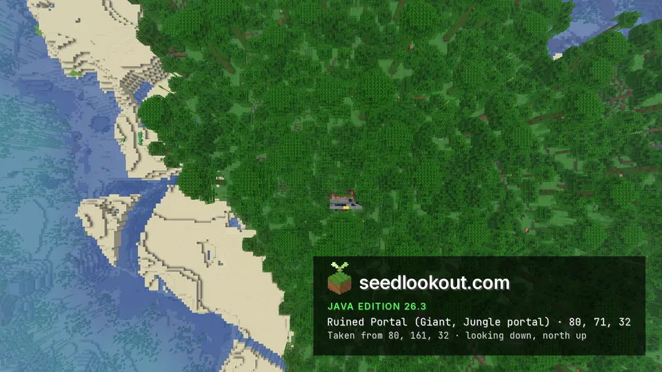 Top-down view of jungle canopy with a small ruined portal in a clearing, sandy shore and sea to the left
