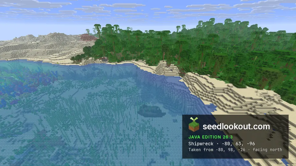 Sandy bay with a dark shipwreck shape under the water, jungle and sand beaches on the shore, coral on the left
