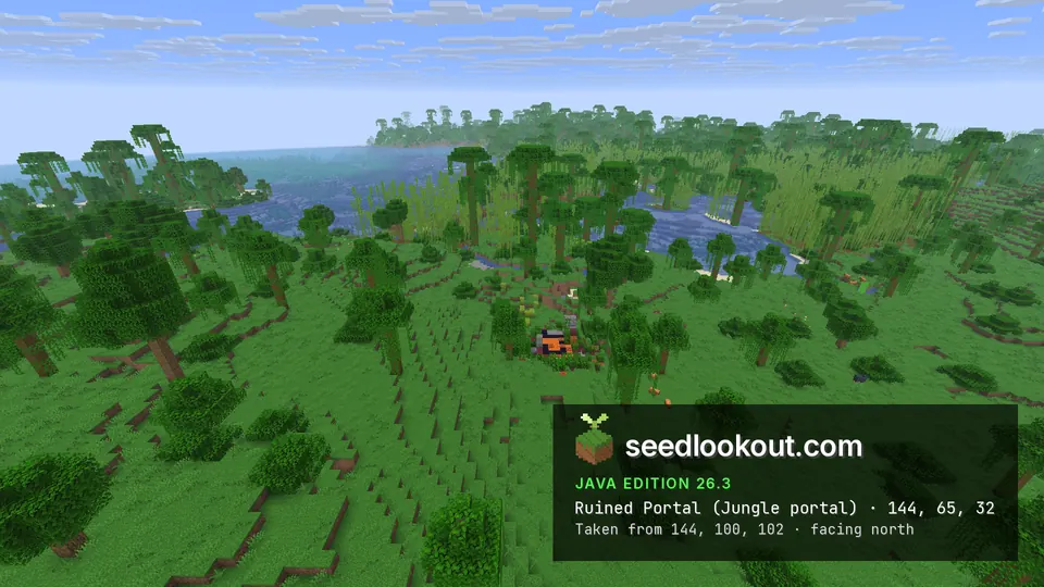 Small orange and dark ruin on grass among jungle trees, with a river and the sea behind