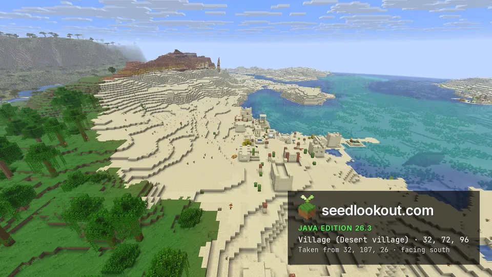 Desert village on a sandy slope above a green bay, jungle on the left and a red-topped plateau behind