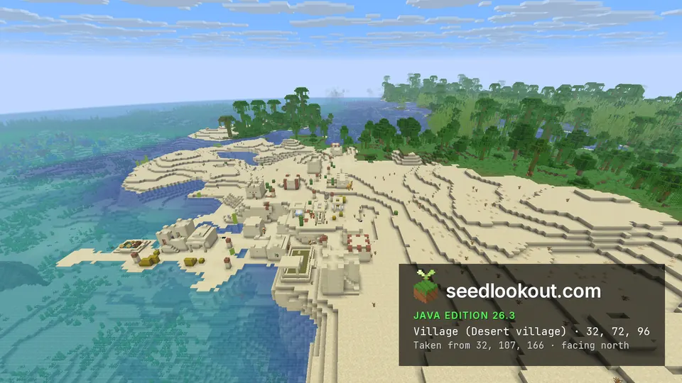 Desert village houses on sand beside a shallow green bay, with jungle trees on the far shore