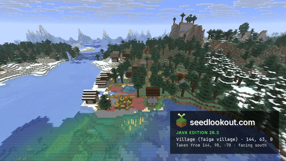 Spruce village houses and crop plots on a lakeshore, snowy banks, forested hills and icy peaks behind