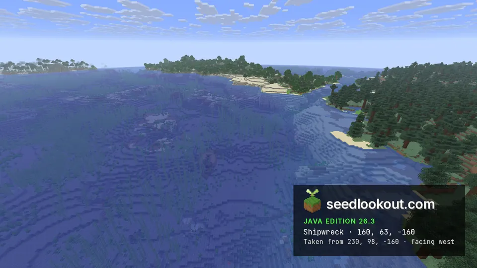 Calm bay with a spruce-covered shore on the right and sandy islands in the distance