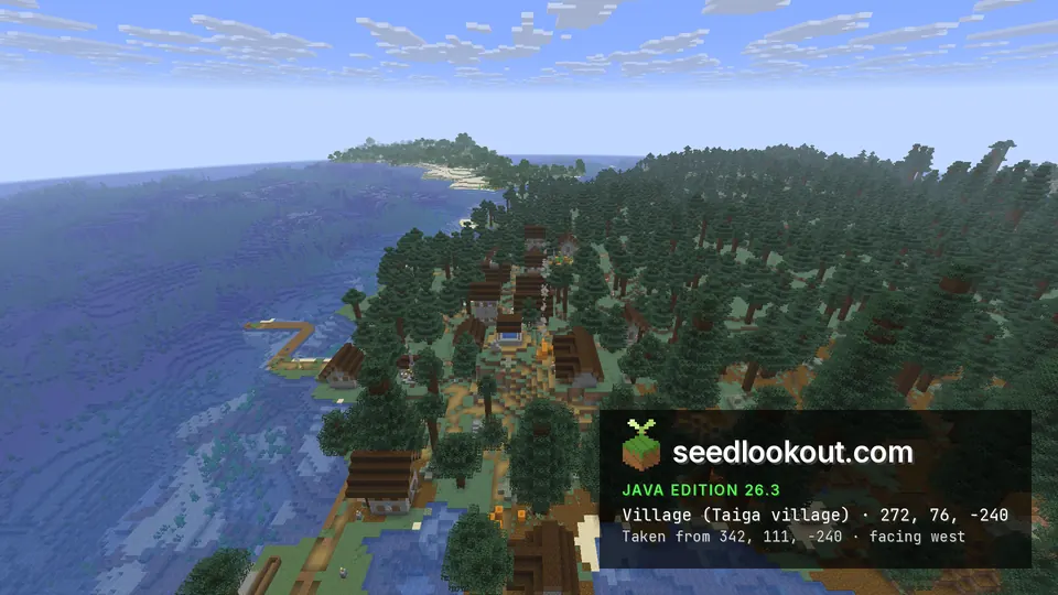 Large taiga village of spruce-wood houses on a forested coast, a path running along the shore and sea to the left