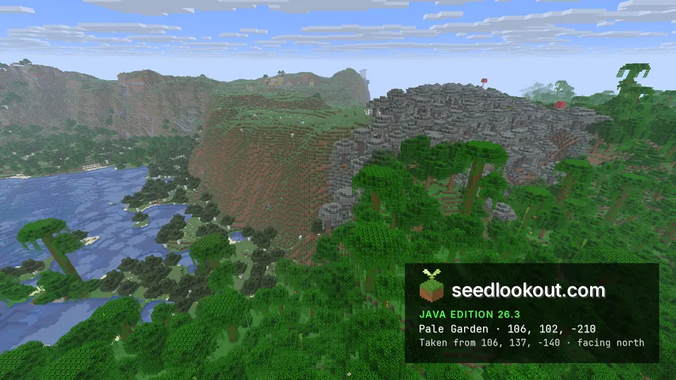 Grey pale oak canopy on top of a steep grassy plateau, jungle trees below and a lake on the left