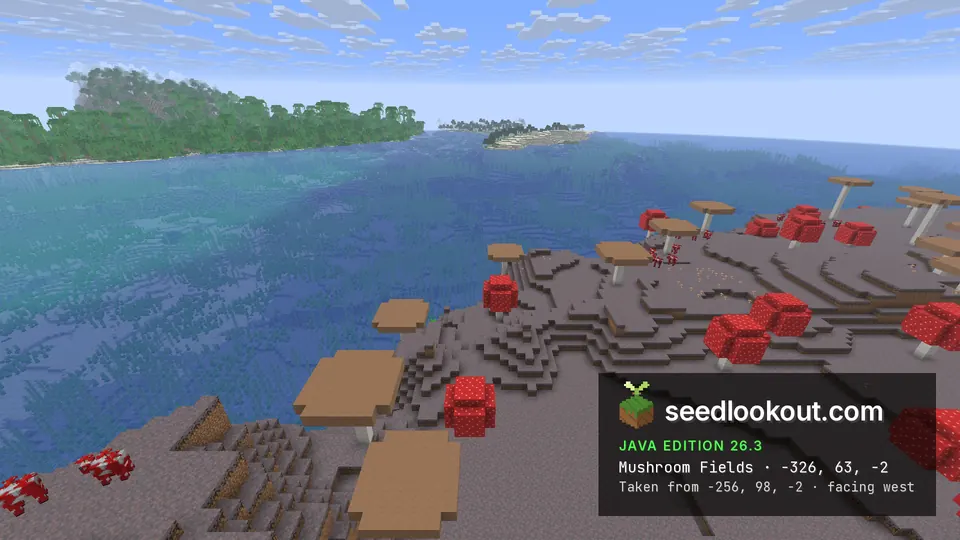 Grey mycelium hills with giant red and brown mushrooms by the sea, a jungle island across the water