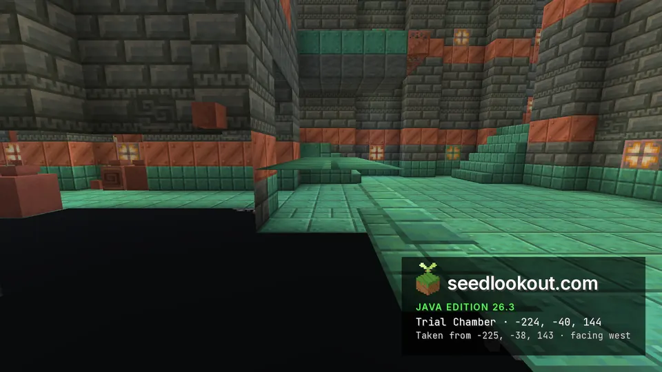 Trial chamber hall with tuff brick walls, orange copper bands, copper bulbs and a green oxidized copper floor