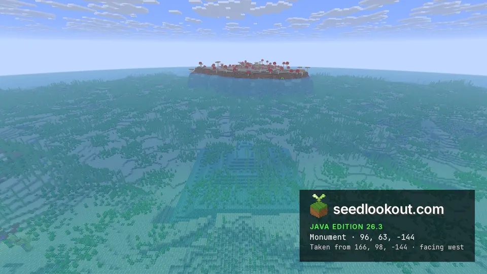 Ocean monument outline under turquoise water and seagrass, a mushroom island with red caps on the horizon