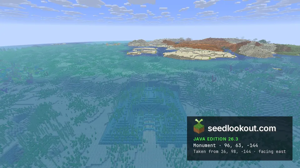 Ocean monument in shallow turquoise water in front of sand dunes and orange badlands terracotta on the shore