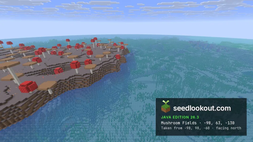 Mycelium island covered in huge red and brown mushrooms with dirt cliffs dropping into the ocean