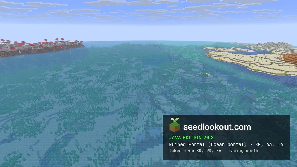 Shallow turquoise sea with seagrass, a mushroom island on the left and a sandy shore on the right