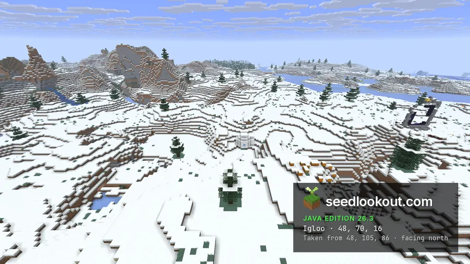 Small white igloo on snowy hills with spruce trees, a portal frame on the right and rocky hills behind