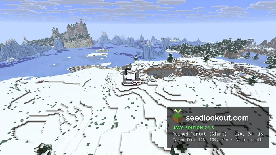 Broken obsidian portal frame on snowy ground, a frozen sea with tall ice pillars and a rocky island behind