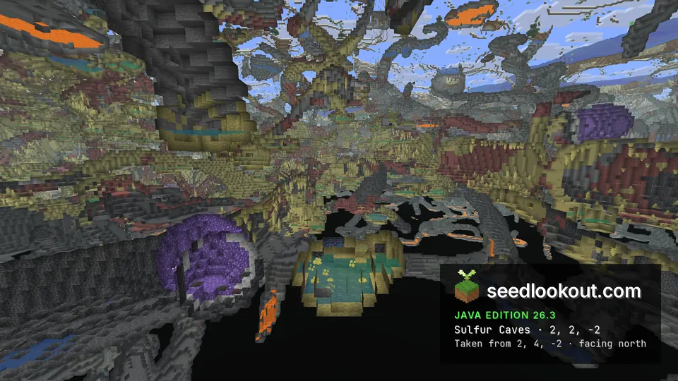Cutaway of a cave with yellow and rust-red walls, a purple amethyst geode and a small pool