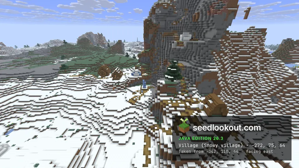 Snowy village houses and paths running onto a steep grey mountain, with snowy hills around