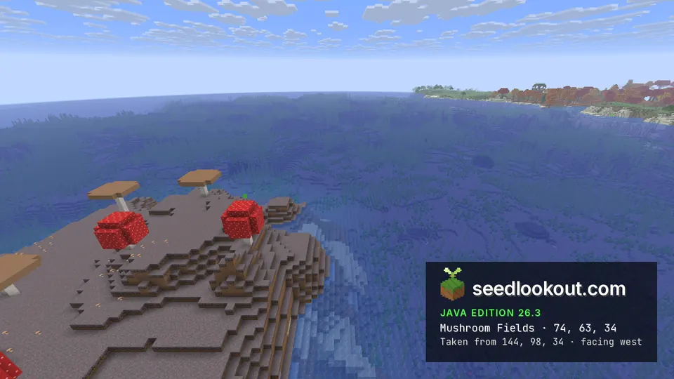 Red and brown giant mushrooms on grey mycelium in the foreground, open sea and a green coast behind