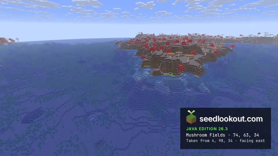 Small grey island with red giant mushrooms in open blue sea, a distant coast on the horizon