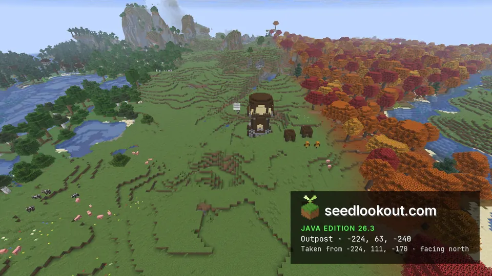 Dark wooden outpost tower on green grassland, red and orange trees to the right, a grey rock peak behind