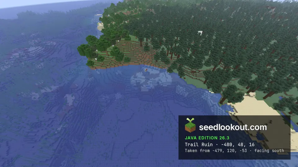 Wide blue bay with sandy beaches, ringed by dense dark green forest