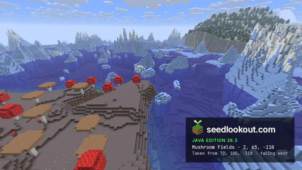 Grey mycelium shore with huge red and brown mushrooms, icebergs in the water and a snowy forested cliff behind