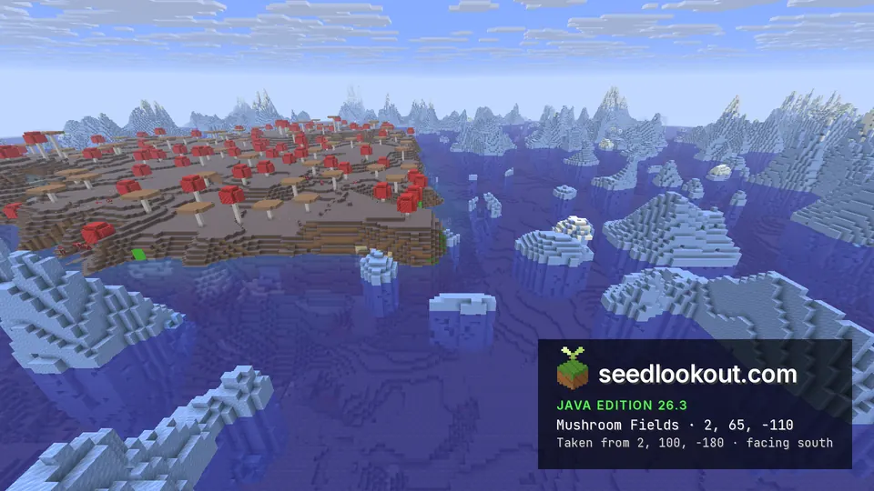 Flat mushroom island with red and brown giant mushrooms in a deep blue sea full of pale blue icebergs