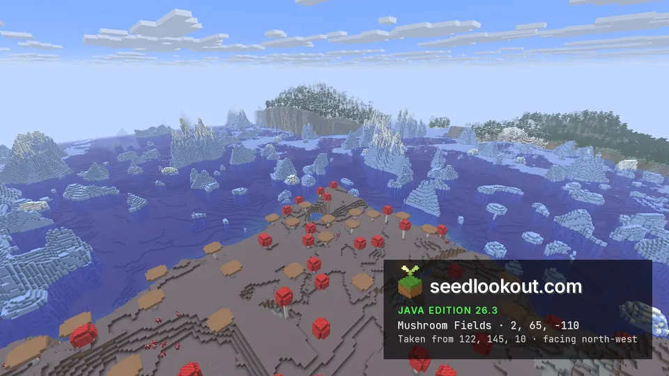 Wide view of red and brown mushroom caps on an island, icebergs across the sea and a snowy cliff coast beyond