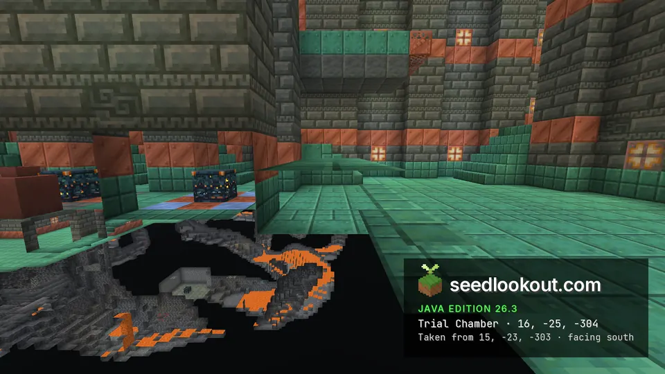 Tuff brick and copper walls with a teal copper floor, a dark cave opening on the left