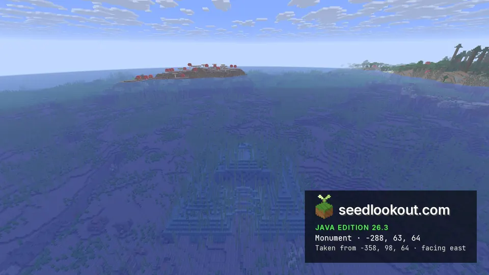 Ocean monument outline under seagrass in shallow water, a mushroom island and a forested shore on the horizon
