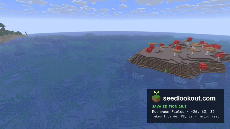 Mycelium island with huge red and brown mushrooms and dirt cliffs, open ocean and a wooded coast to the left