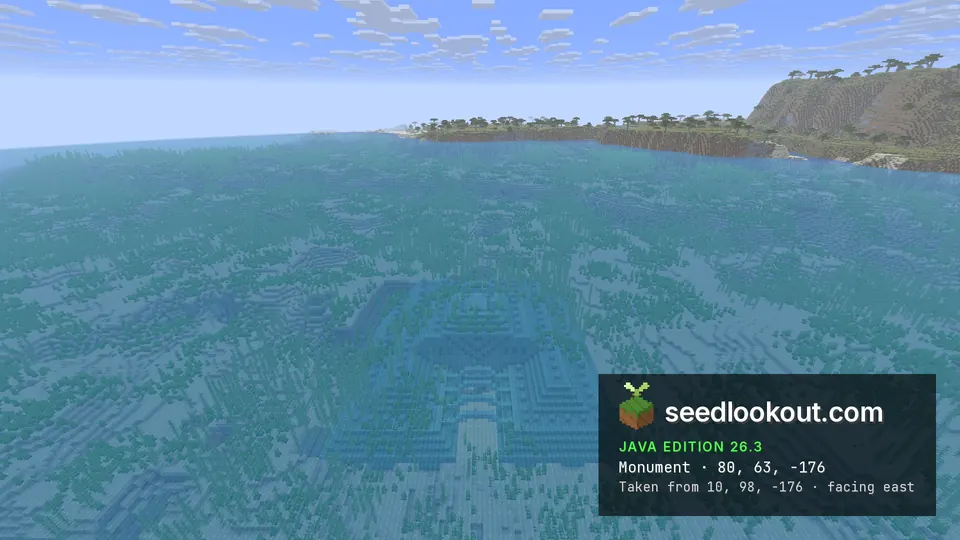 Outline of an ocean monument on the sea floor seen through clear water, a savanna coast on the right