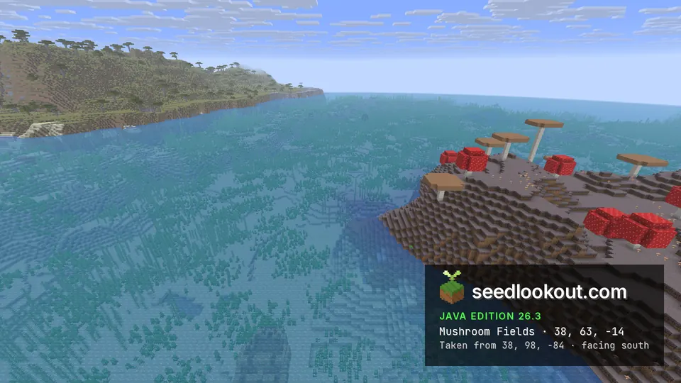 Mushroom island with giant red and brown mushrooms beside clear sea, a savanna coast with acacia trees behind
