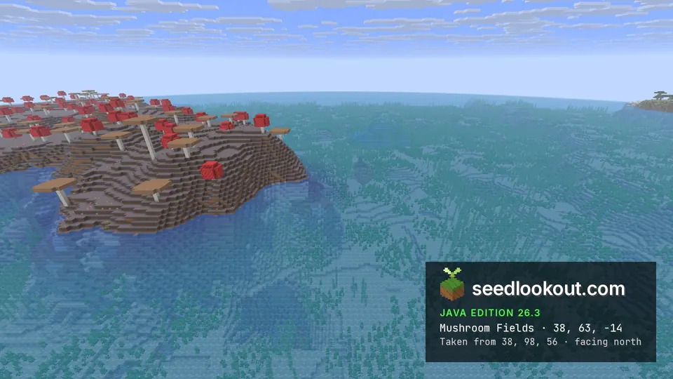 Small island covered in giant red and brown mushrooms, surrounded by clear teal sea